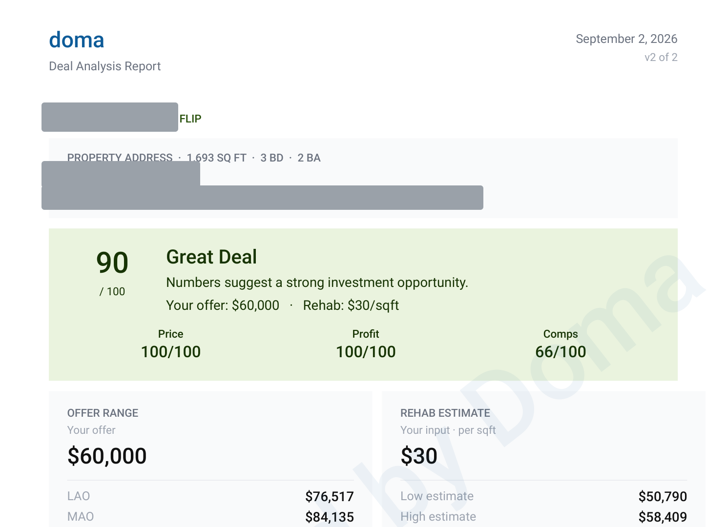 Exported Deal Score PDF showing a 90/100 Great Deal rating with offer range, rehab estimate, ARV, and profit (property address redacted)